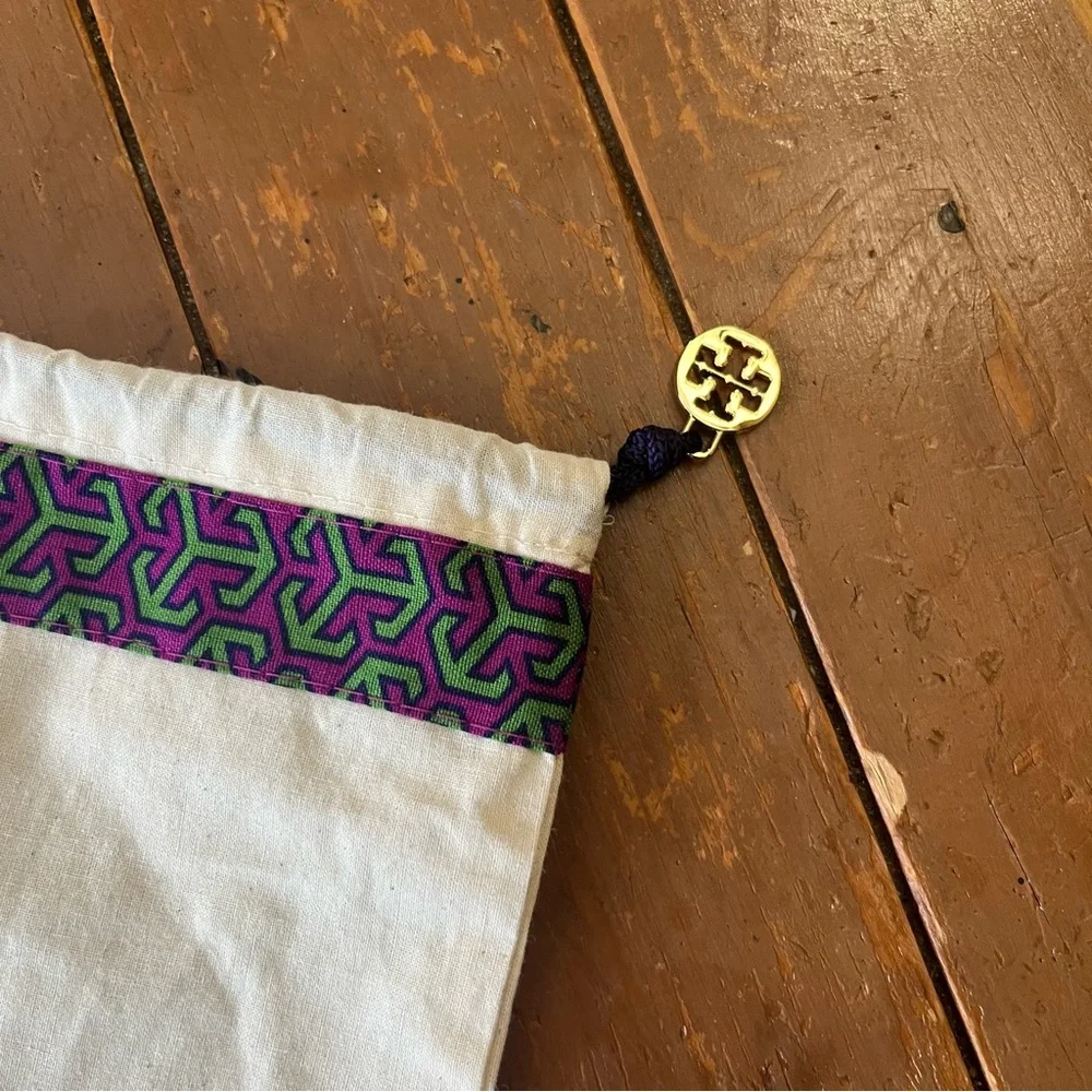 Tory Burch Cotton Dust Drawstring Bag Purple and Green gold-tone logo charm